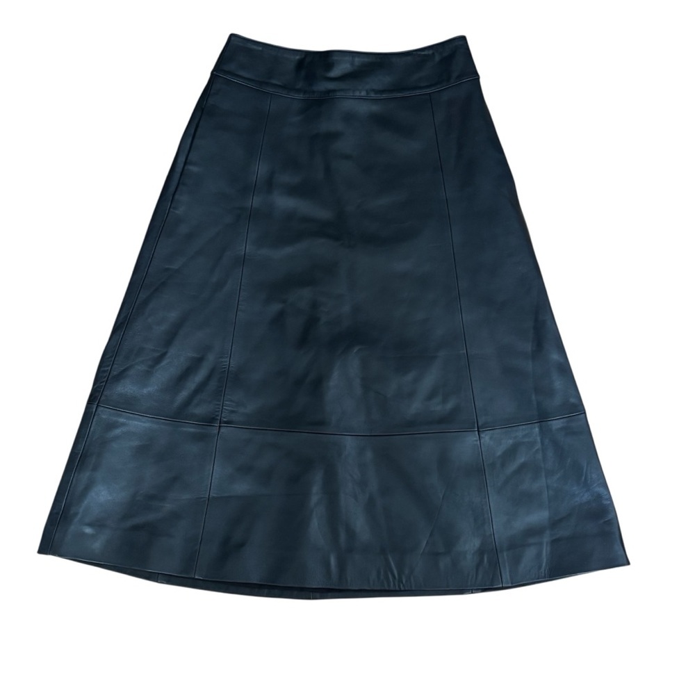 Halogen Black Pleather Midi Skirt A Line Womens Size 4 Vegan Goth Moto Chic
